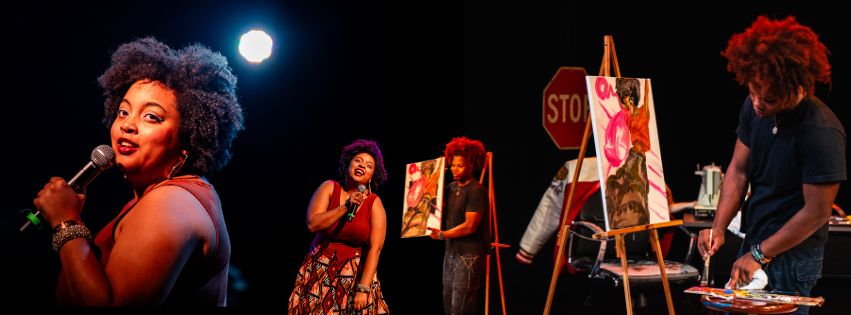 Untitled design-17 A picture of Jessica Johnson turning into sand against a desert background with the words "Regional Premiere sandblasted by Charly Evon Simpson May 10-June 4, 2023"