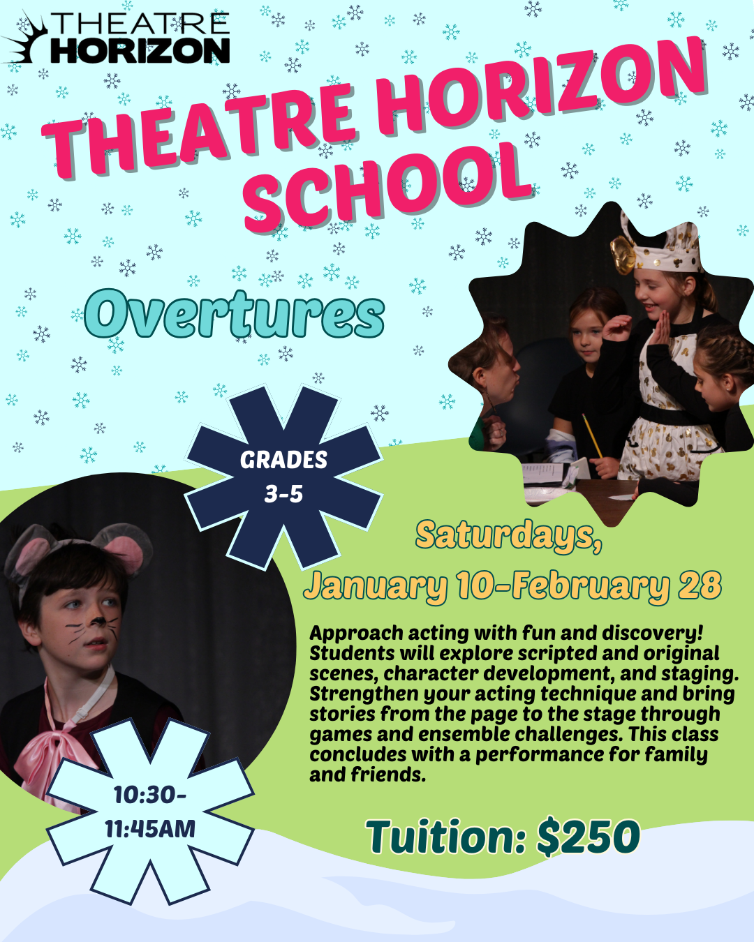 PIctures of student actors and text about acting class