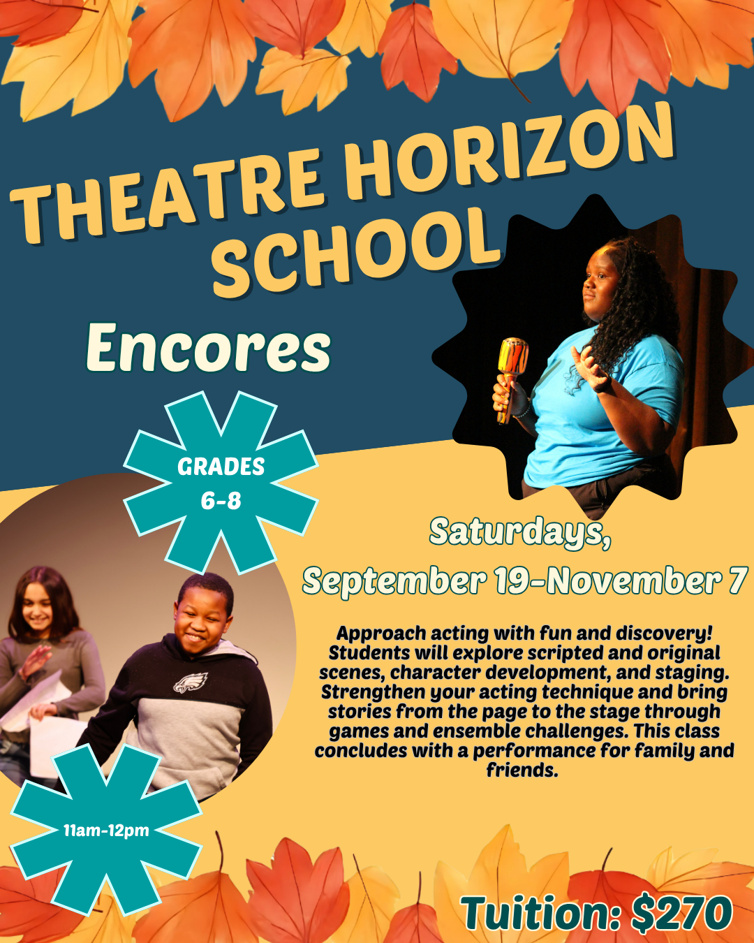 PIctures of student actors and text about acting class