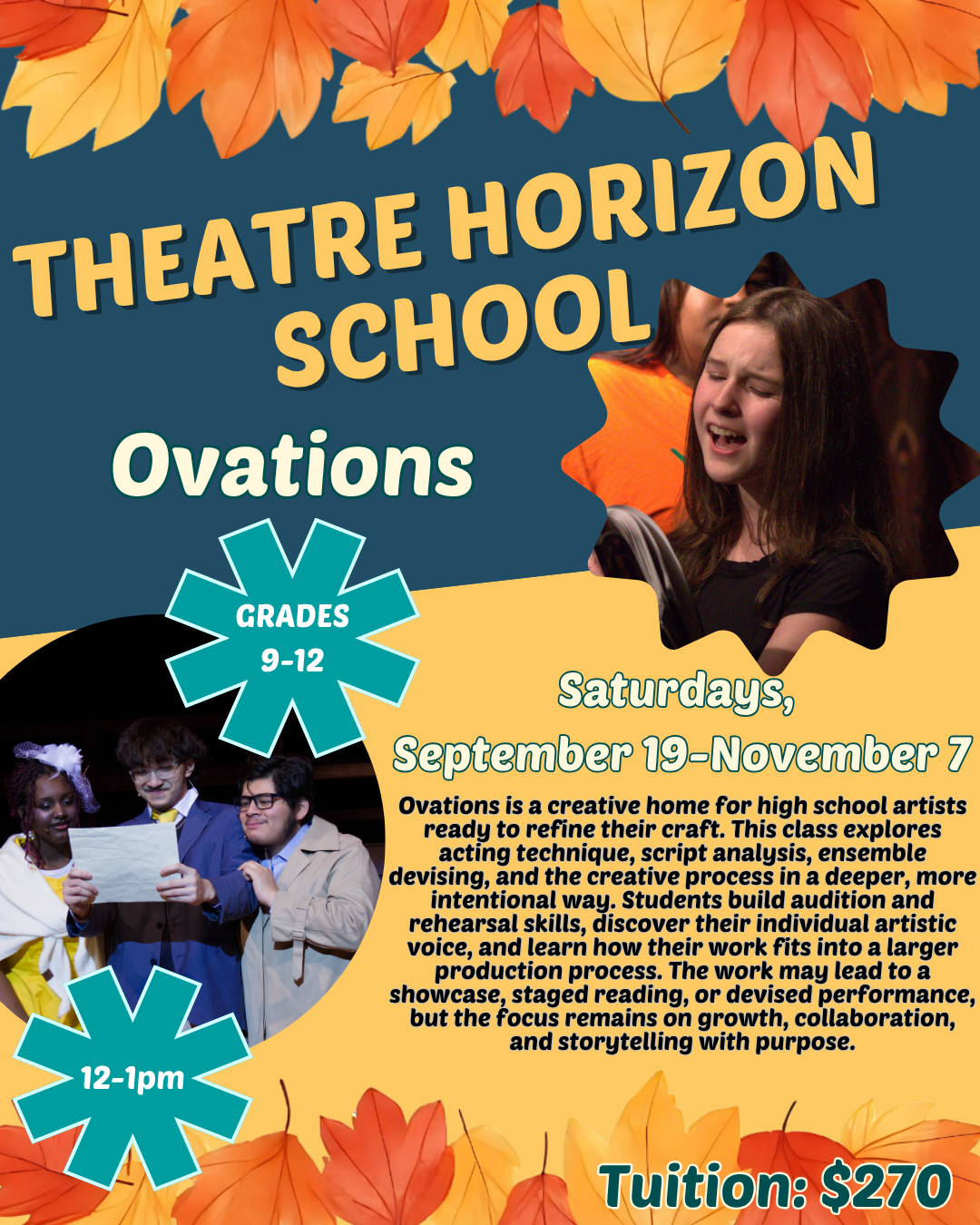 PIctures of student actors and text about acting class