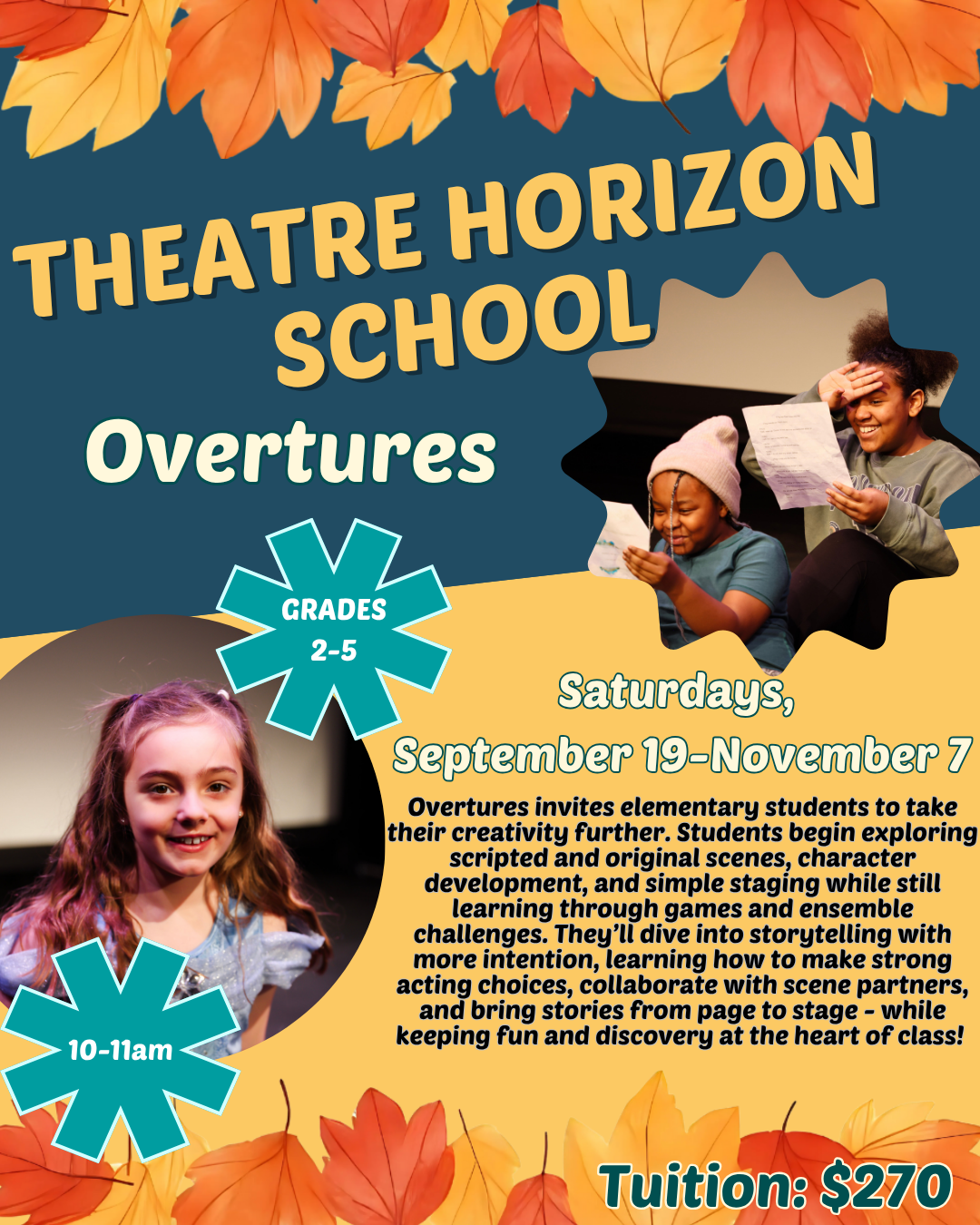 PIctures of student actors and text about acting class